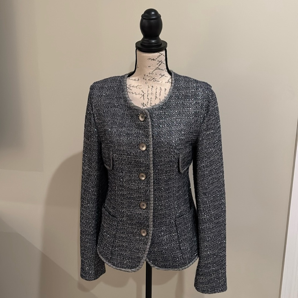 THEYSKENS' THEORY Jezir Friend Metallic Tweed Blazer Jacket Blue & Silver Knit 6